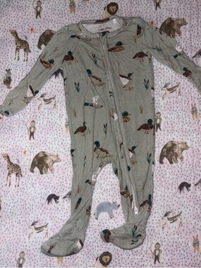 Angel Dear Sage Green Duck-Print Footed One-Piece